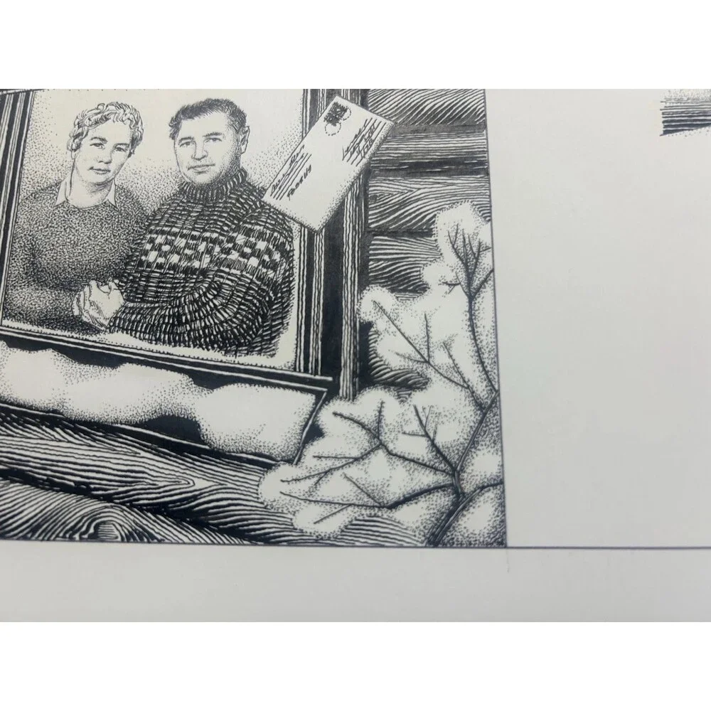 Original Alexander Valdman 2002 Signed Pen & Ink Drawing - Snowy Cabin Couple